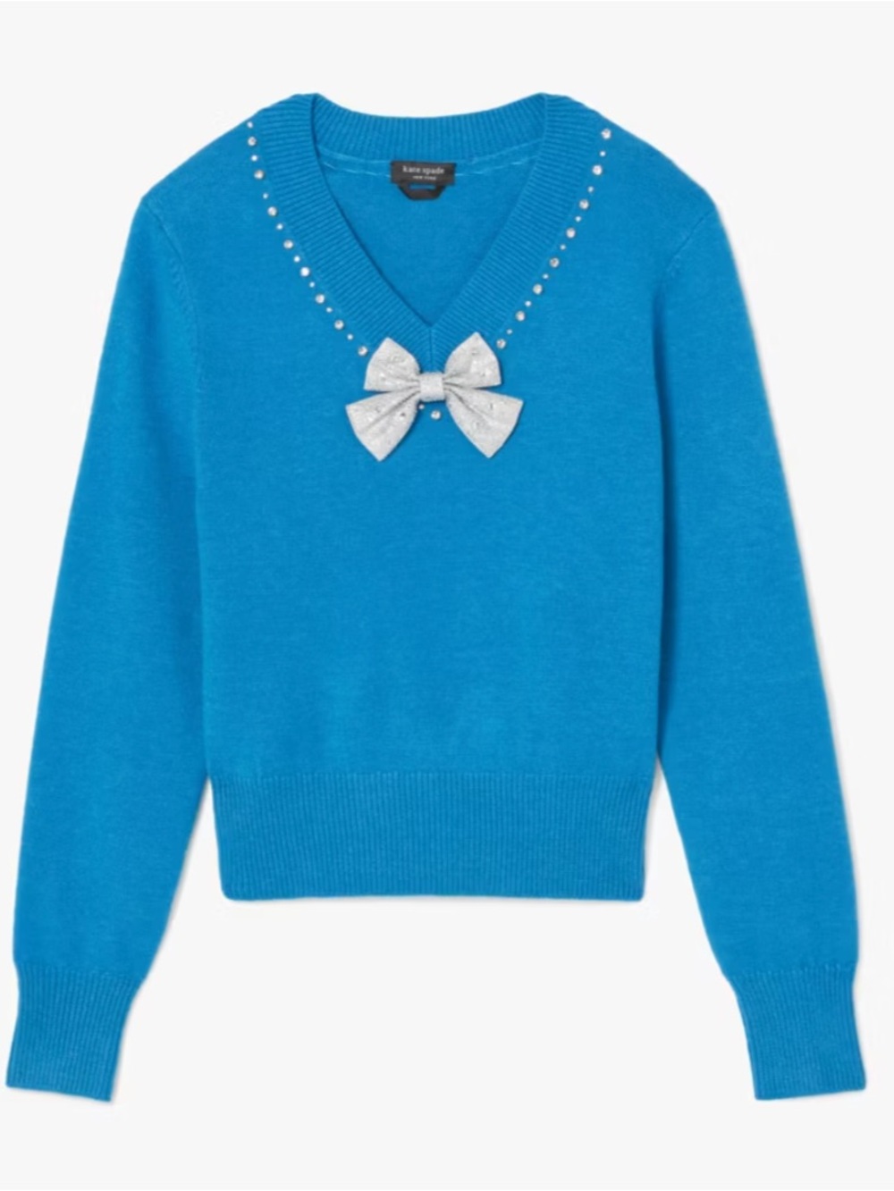 kate spade Turquoise Blue V-Neck Sweater with Crystal Bow Accent